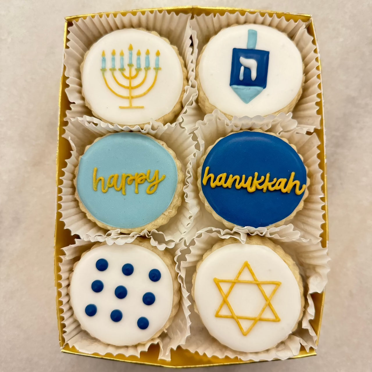 Happy Hanukkah shortbread gift tin by Le Gourmet Baking in Dallas Texas